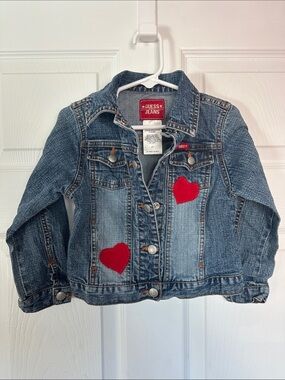 Vintage style GUESS Kids Denim Jacket with Red Heart Patches